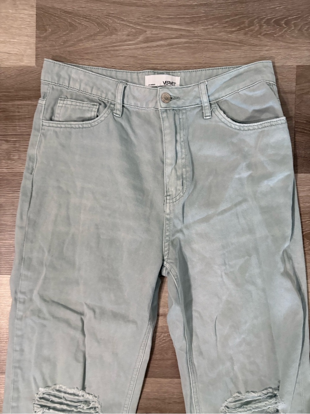 Light Green Distressed Wide-Leg Women's Jeans - Picture 3 of 7